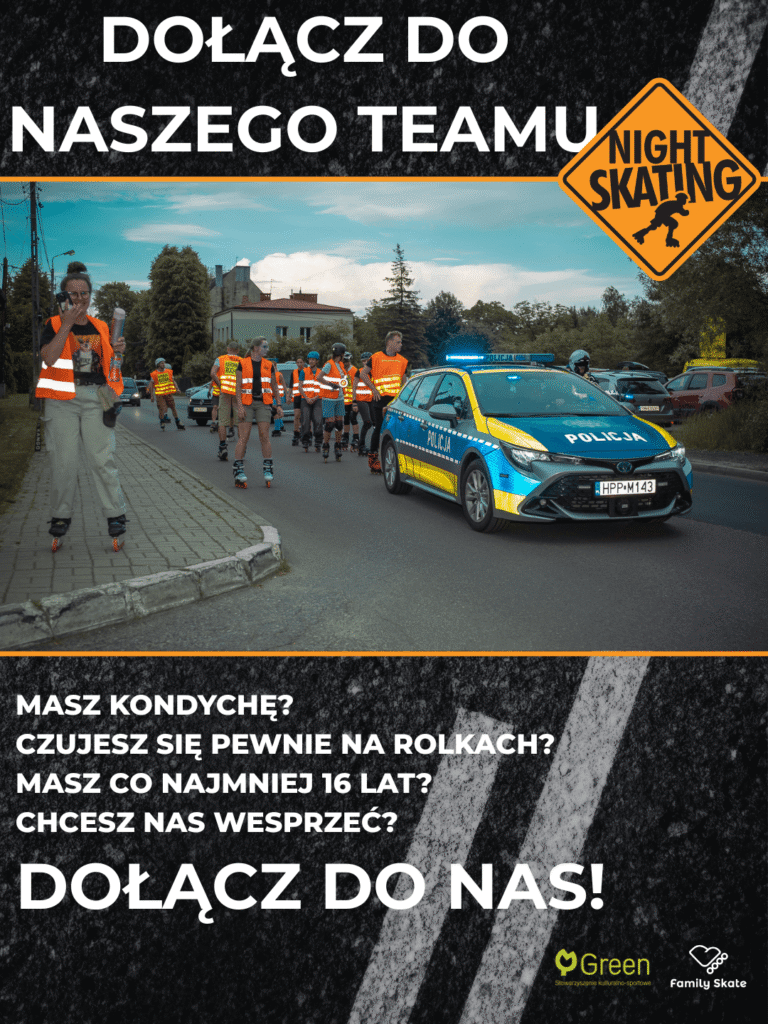 Ilustracja przedstawiająca możliwość dołączenia do teamu nightskating - nocnych przejazdów rolkarzy.